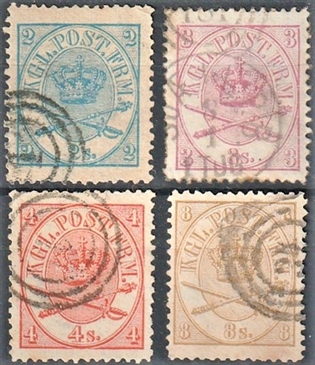 FRIMÆRKER DANMARK | 1864-70 - AFA 11,12,13,14 - 2, 3, 4, 8 Skilling. Krone Scepter - Stemplet